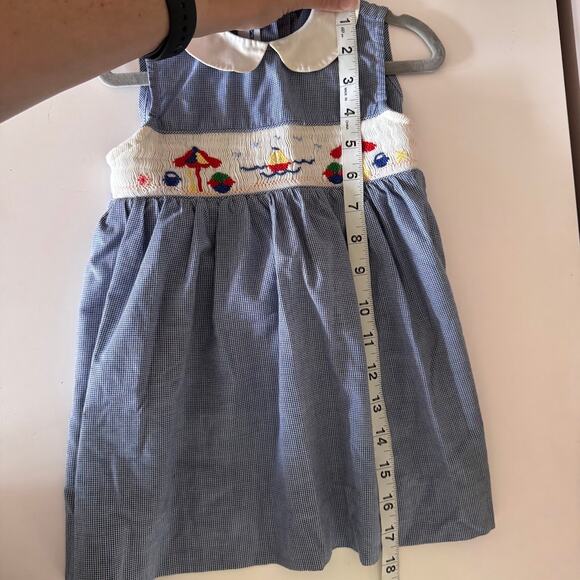 Silly Goose Hand Smocked Summer Beach Collar Dress Tie Back Blue Gingham 24M - Picture 6 of 8